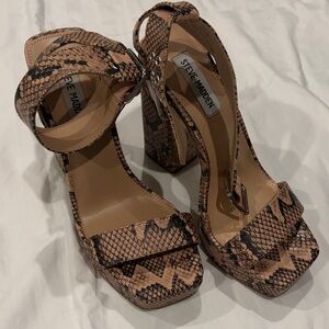 Steve Madden Tan Snake-Print Block Heel Sandals